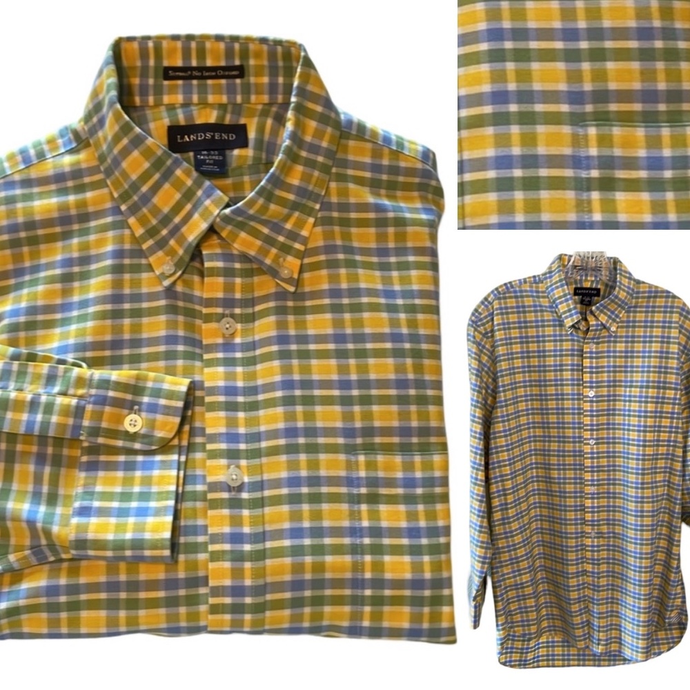 SALE Lands End Plaid No Iron Plaid Oxford Shirt 16 33